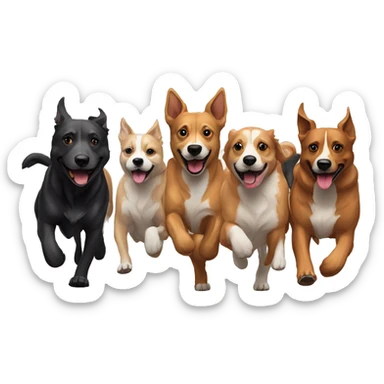 Pack of different breed dogs running in a line  sticker