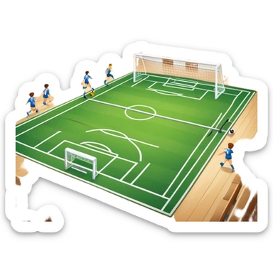 A mini-football match in an indoor sports hall with wooden flooring and clear field markings. The scene shows a vibrant game in action, with players positioned on the court, the goalposts visible, and the atmosphere filled with energy and focus. sticker