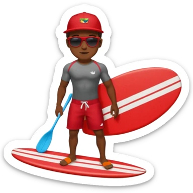 Dark muscular surfer wearing red board shorts Hawaii wearing a baseball cap sticker