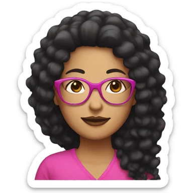 woman with black frizz long hair and pink glasses sticker