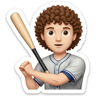 white guy with brown curly hair holding a baseball bat about to hit a coahc sticker