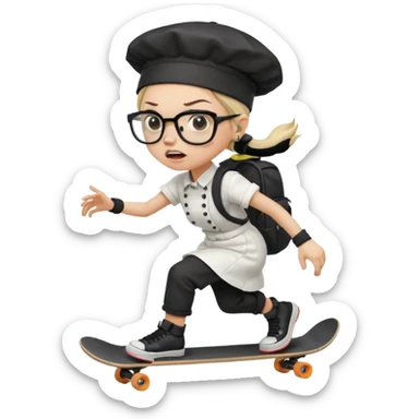 ["An angry woman with light skin, ponytail, wearing a chef hat and square glasses, dressed in goth fashion, is skateboarding while holding a backpack."] sticker