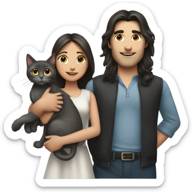 man with very long dark hair and brunette girl with grey cat in her arms sticker