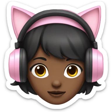Black hair girl with pastel pink gaming headset that has cat ears  sticker