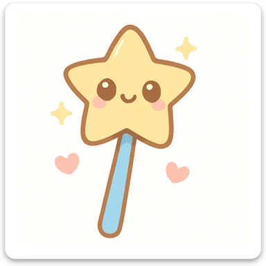 cartoon-style magic wand with a golden star at the tip, sparkling, kawaii style sticker
