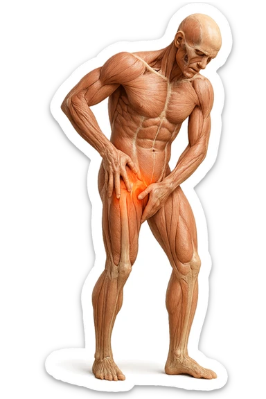 CORPO UMANO ANATOMICO A FIGURA INTERA REALISTICO CHE SI TOCCA L'ANCA INFIAMMATA, DOLORE ALL'ANCA, IPERREALISTICO 4K sticker