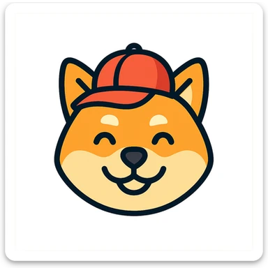 cute Shiba Inu wearing a red hat, smiling, icon style sticker