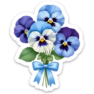 A charming bouquet of deep blue and pastel blue pansies, delicately arranged with hints of periwinkle and sky-blue blooms, wrapped in a pearl satin ribbon and placed in a crystal vase, reflecting soft light. sticker