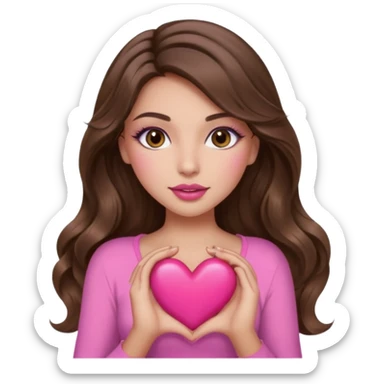 girl with long wavy brown hair, brown eyes, long lashes makeup, sexy pink lips, light to medium complexion, wearing a pink sexy top, holding a big heart sticker