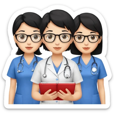 Genera emogis de 4 cuatro enfermeras de cabello negro, una con lentes sticker