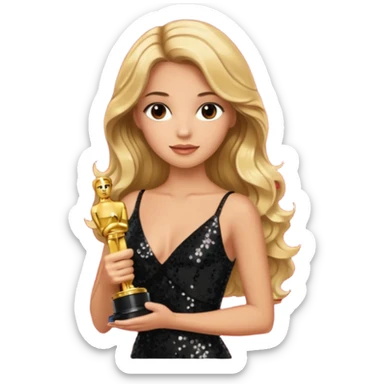 blonde model, brown eyes, long wavy hair, oscars red carpet, black sequin, holding oscar sticker