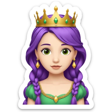 Princesses, with Gold Crown on purple braid hair, with green dress sticker