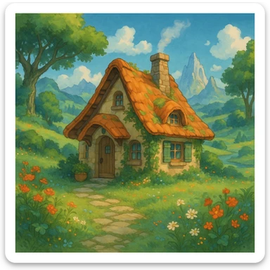 a cozy cottage in a magical landscape, Ghibli style sticker
