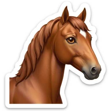 Cinematic Noble Chestnut Horse Portrait Emoji, Poised and regal, with a strong, athletic build and a lustrous, well-groomed chestnut fur, deep-set soulful amber eyes, Simplified yet sharp and sophisticated features, highly detailed, glowing with a warm, dignified glow, high shine, intelligent and majestic, stylized with an air of equine elegance, focused and attentive, soft glowing outline, capturing the essence of a watchful and confident steed, so majestic it feels as though it could gallop out of the screen with effortless authority! sticker