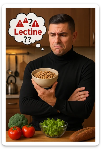 un uomo in cucina tiene in mano una ciotola di legumi (come fagioli o ceci) e li osserva con un’espressione dubbiosa e leggermente preoccupata. Sopra la ciotola, una nuvoletta di pensiero mostra la parola “Lectine” evidenziata in rosso, insieme a simboli di allarme o punti interrogativi. Sullo sfondo, altri alimenti salutari sono visibili sul tavolo, sottolineando il suo scetticismo verso i legumi. sticker