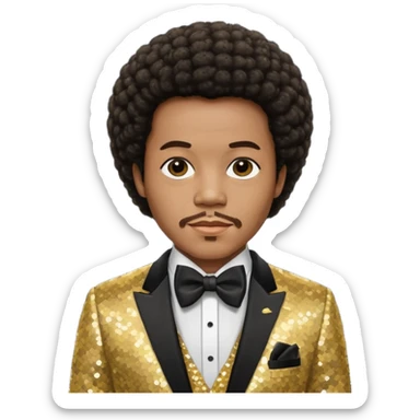 Quincy Jones with dark brown short afro hair, gold sequin suit with bow tie  sticker