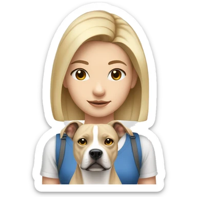 Blonde girl with a gray Staffordshire terrier that has a thin white line between its eyes; she has blue eyes and shoulder-length hair  sticker