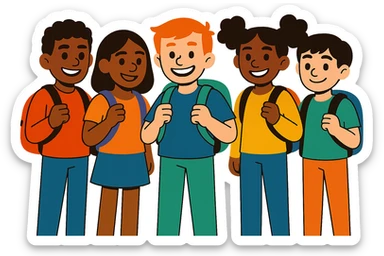 Edit the group of 5 school students in vibrant toon style with a transparent background. sticker