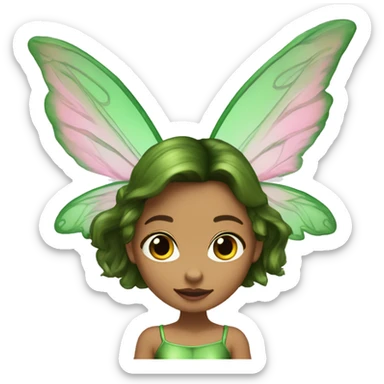 A full body of a fairy with green top and mini skirt she have a good shape of body and a long brown hair with pink flower stuck in her earring, she have the most beautiful face, and she is flying, she have green high boots heels  sticker