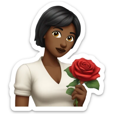 A white women named rose, with dark hair bangs and making a kissy face, while holding a rose in her hand sticker