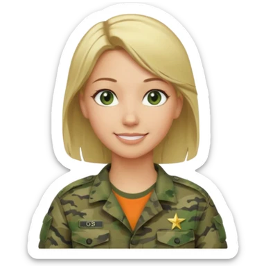 Apple-style emoji: female soldier, bust, no cap/helmet, friendly smile, generic camo top, blonde hair sticker