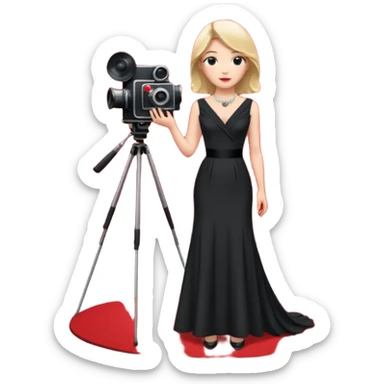 an actress standing on a red carpet with a formal dress, with a film camera next to her. sticker