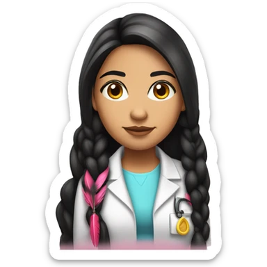  young beautiful Native American female idol scientist with feather earrings & long black hair with pink accents sticker