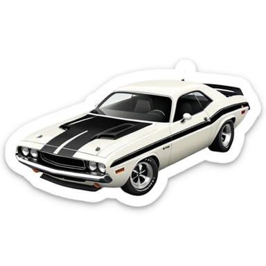 White 1971 Dodge Challenger muscle car with black racing stripes, minimalist style, vintage American muscle car, similar to the one from Death Proof movie sticker