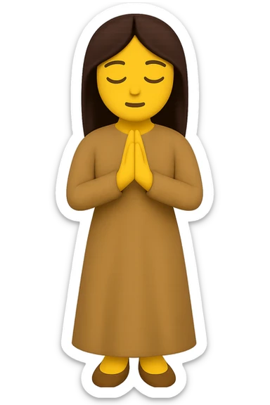 Show the woman standing and praying from the front view, wearing a long tan dress, with dark brown hair, in emoji style. Remove the background. sticker