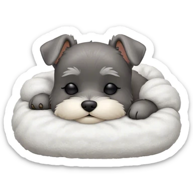 Meme-Worthy Cute Sleeping Miniature Schnauzer Portrait Emoji, Head gently tilted in a relaxed, blissful slumber with a soft, contented smile and eyes tenderly closed, featuring a neat salt-and-pepper fur with charming, relaxed features, simplified yet irresistibly endearing, highly detailed, glowing with a soft, cozy radiance, high shine, exuding gentle, heartwarming charm, styled with a soft glowing outline, capturing the essence of a sleeping Miniature Schnauzer that looks perfectly poised to become a viral icon of adorable rest! sticker