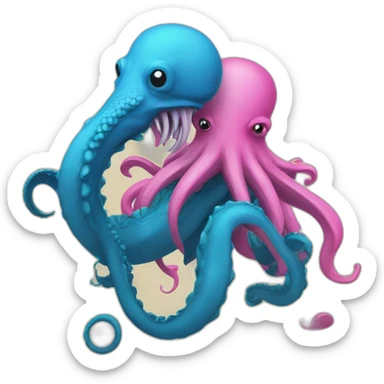 a blue kraken fighting  has another pink kraken sticker