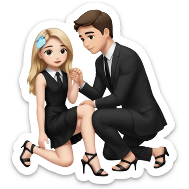  Sabrina carpenter kneeling down wearing a black dress with a tie with black heel sandals, putting her hand on man’s leg  sticker