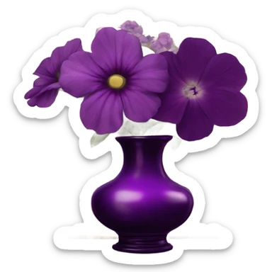An aesthetic arrangement of a violet vintage book and dark magenta flowers in a light violet glass vase, surrounded by antique letters sticker