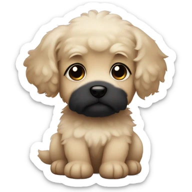 Small beige fluffy puppy with round floppy ears and black snout sticker