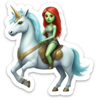 [politically incorrect
	{ woman: alien, color: light green, hair:red, eyes:cat} ]
	on a 
	[{ unicorn: white, legged:four, mane: light blue }] sticker