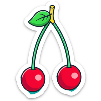 Two deep burgundy cherries connected by a green stem, rich dark red color sticker