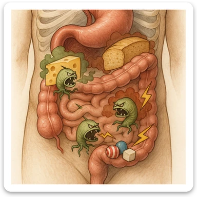 Realistic anatomical illustration: section of the human torso focusing on stomach and intestines. Inside, stylized parasites react aggressively to dairy, gluten, and sugars (foods highlighted). The parasites release symbolic toxins like colored gas and lightning bolts. Medical illustrative style. sticker