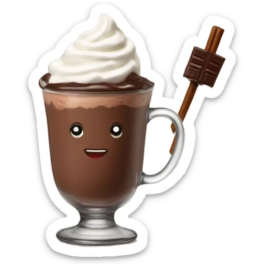 hot chocolate with whipped cream and a chocolate stick sticker