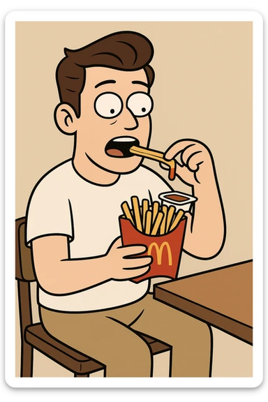 Side oil head brown hair white shirt beige shirts  eating mcdonalds fries some sauce sticker