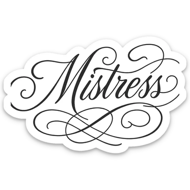 the word 'mistress' in an ornate calligraphy style, with decorative swashes and a luxurious feel, no background sticker