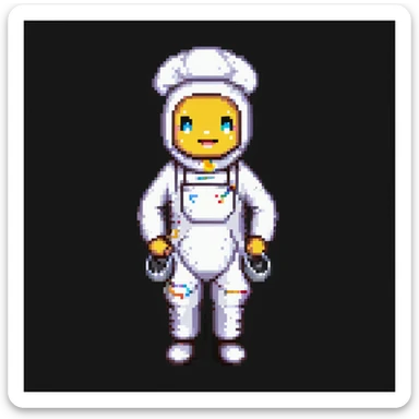 Portrait of a baker wearing a metallic baking suit with built-in tools, chrome textures and LED accents, skeuomorphism style sticker