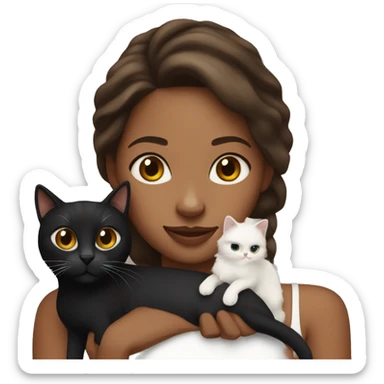 long wavy haired brown skin woman holding black and white cat sticker