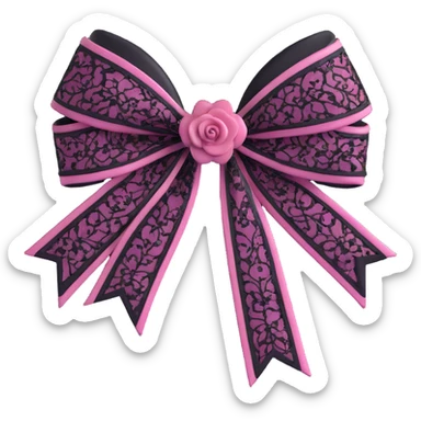 3D emoji style pink bow with gothic effect, black lace overlay, silver cross charm, and dark rose center sticker