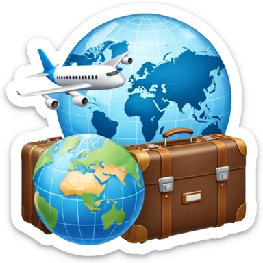 An icon featuring a suitcase, a hotel building, and one globe, symbolizing tourism and hospitality. The design includes a plane and a map, representing travel and accommodation services. Transparent background highlights the global nature of tourism and the hospitality industry. sticker