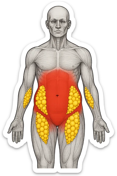 corpo umano anatomico con addome e fianchi segnati in rosso, grappoli di cellule adipose gialle su fianchi e addome sticker