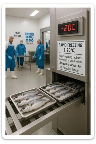 a fish processing facility where freshly caught fish are placed on trays and moved into a large industrial freezer. A temperature gauge shows -20°C, and an educational label explains that rapid freezing (abbattimento) is used to kill Anisakis larvae. The background includes workers in protective clothing and clear signage about food safety. sticker