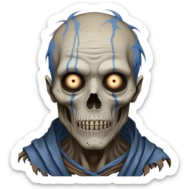 Cinematic Realistic WoW undead civilian Portrait, depicted with decayed yet noble features, his weathered, pallid skin etched with ghostly blue veins and ancient scars. Clad in modest, tattered attire in muted browns and greys that remain consistently rugged, his hollow eyes burn with determined defiance. Rendered with lifelike texture and dramatic natural lighting, high shine, noble and resilient, capturing the stoic spirit of an undead veteran of Azeroth. sticker