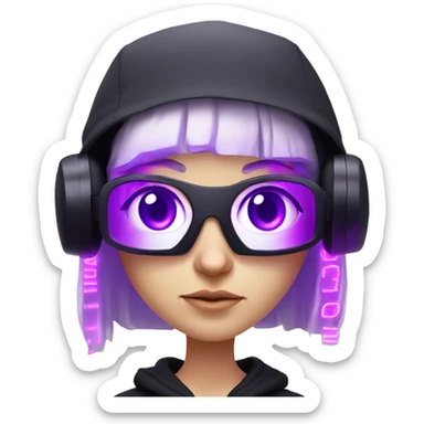 Russian cute blond student girl wearing black hoody with violet letters "OMG", in vr headset. No eyes. Cyberpunk style. Violet neon. sticker