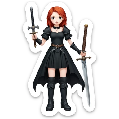 redhead goth girl in beautiful dress, large boots, holding medieval sword sticker