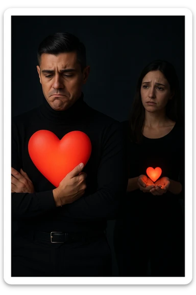 an Italian man in his 30s with olive skin and dark hair stands apart from a woman who offre un piccolo cuore luminoso tra le mani. Lui guarda il cuore con un’espressione triste e insoddisfatta, tenendo tra le braccia un cuore molto più grande e brillante, mentre la distanza tra loro è accentuata da luci soffuse e ombre. sticker